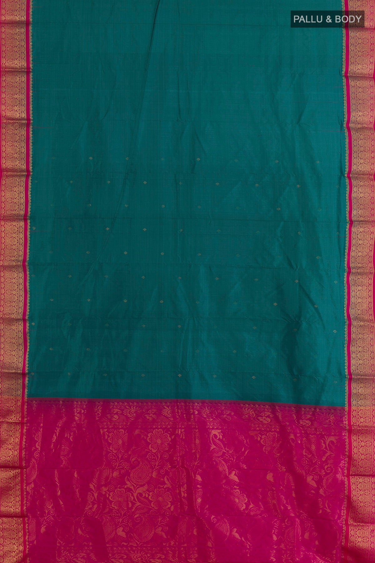 Flat view of Pure Silk Blue Bangalore Saree with Zari Butta on the body and Zari Border. 