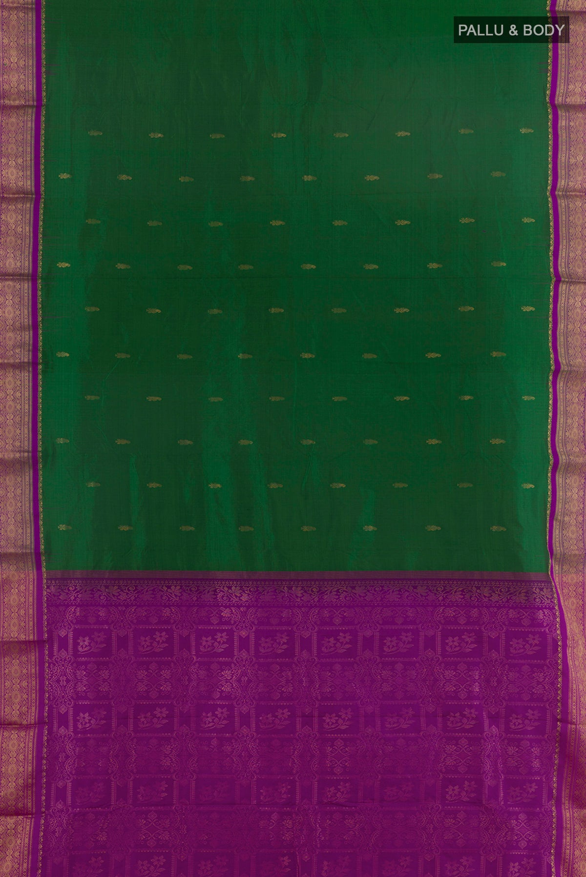 Flat view of Pure Silk Green Bangalore Saree with Zari Butta on the body and Zari Border. 