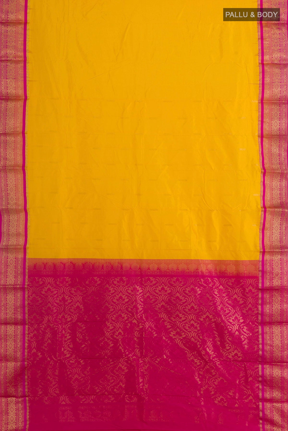 Flat view of Pure Silk Yellow Bangalore Saree with Zari Butta on the body and Zari Border. 