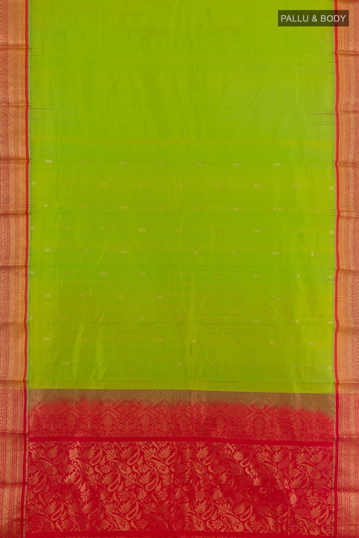 Flat view of Pure Silk Parrot Green Bangalore Saree with Zari Butta on the body and Zari Border. 