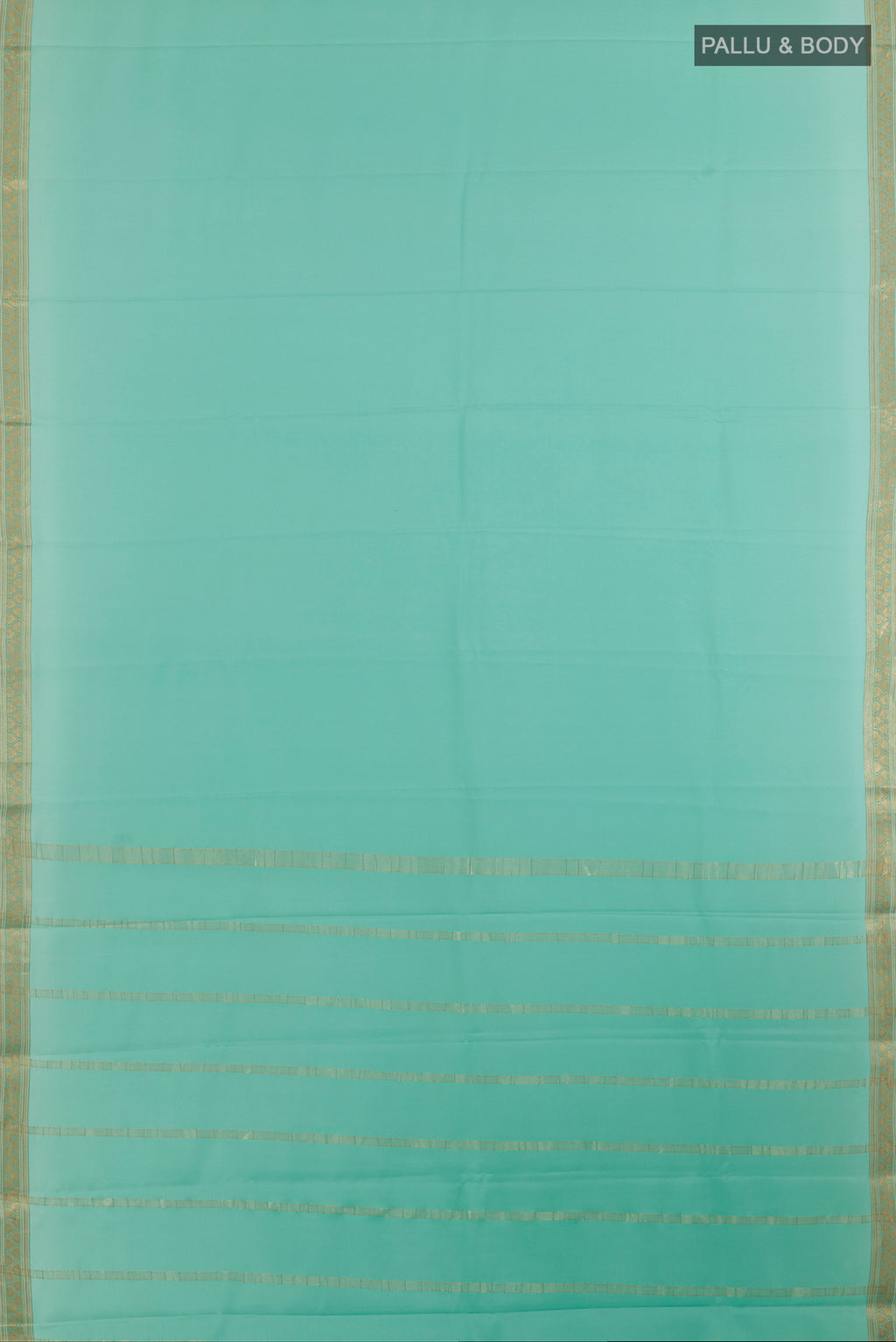 Flat view of Sea Green Mysore Crepe Saree with Plain Body and Zari Border. 