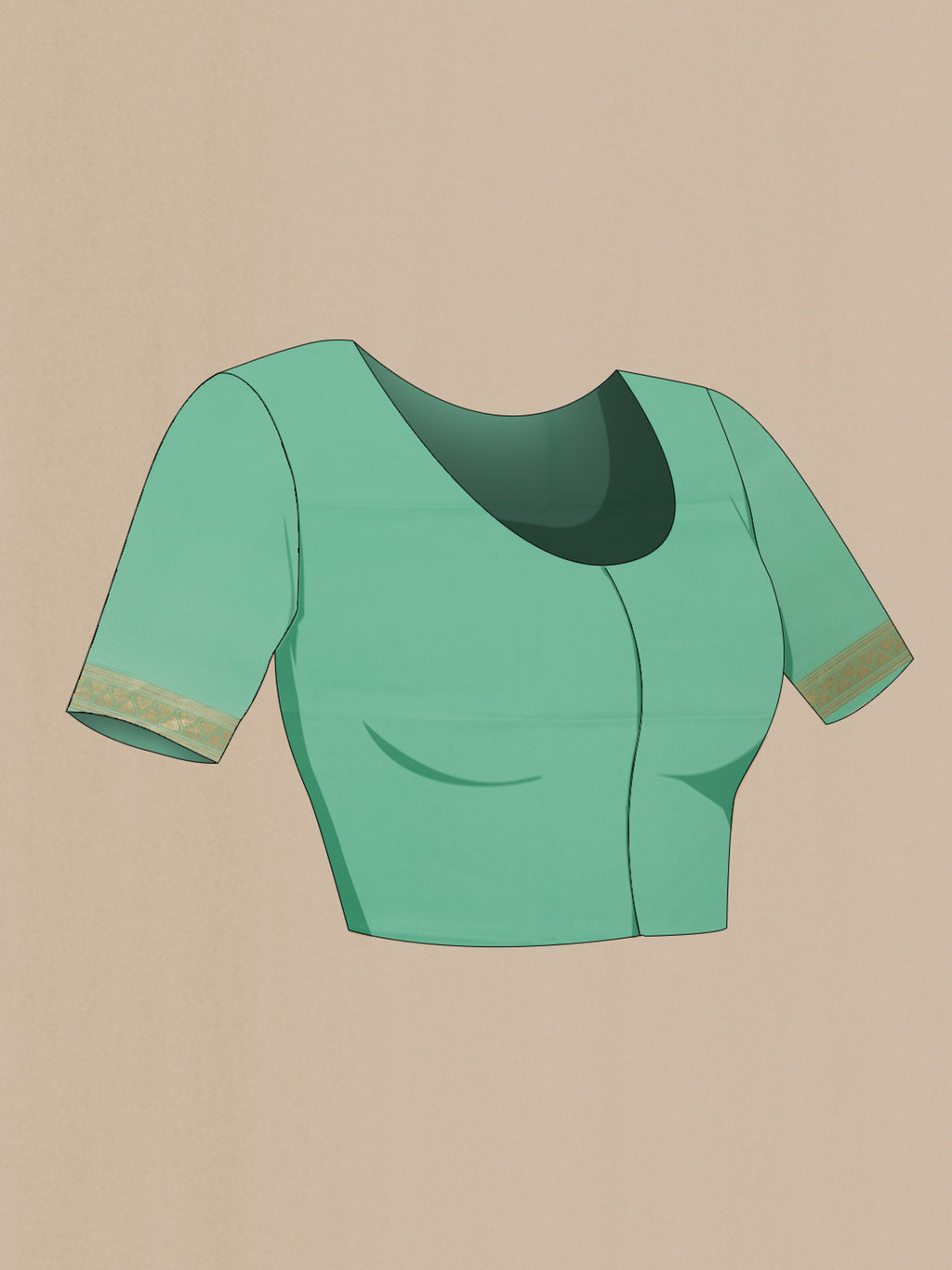 Close up image of the blouse of Mint Green Mysore Crepe Saree with Plain Body and Zari Border. 