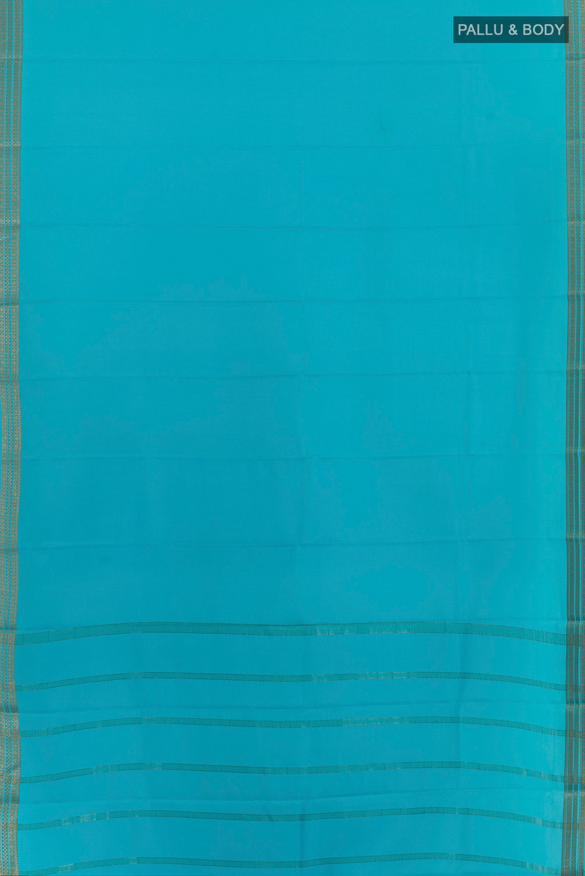 Flat view of Blue Mysore Crepe Saree with Plain Body and Zari Border. 
