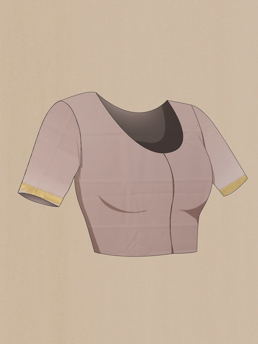 Close up image of the blouse of Beige Mysore Crepe Saree with Plain Body and Zari Border. 