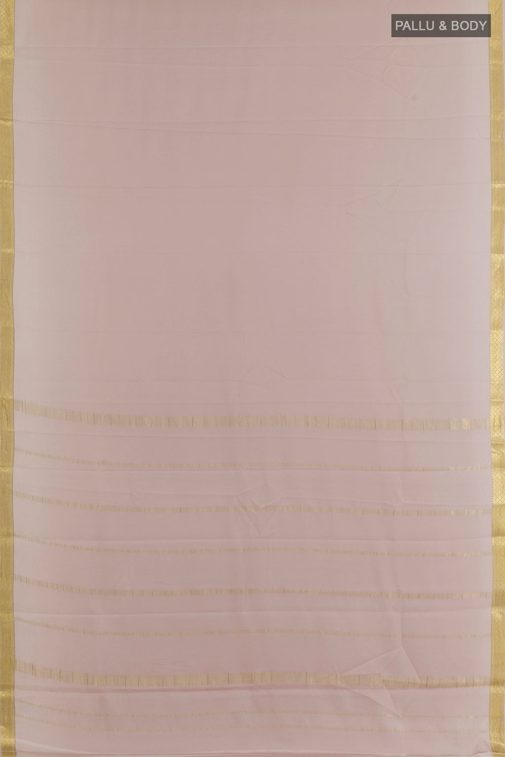 Flat view of Beige Mysore Crepe Saree with Plain Body and Zari Border. 