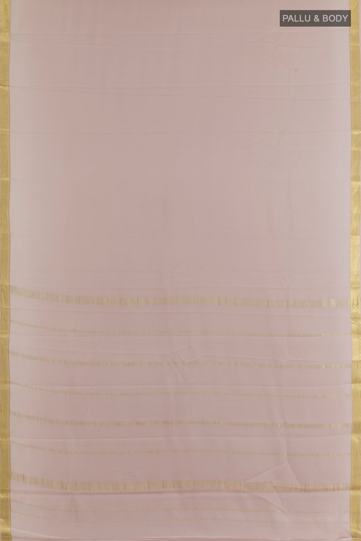 Flat view of Beige Mysore Crepe Saree with Plain Body and Zari Border. 