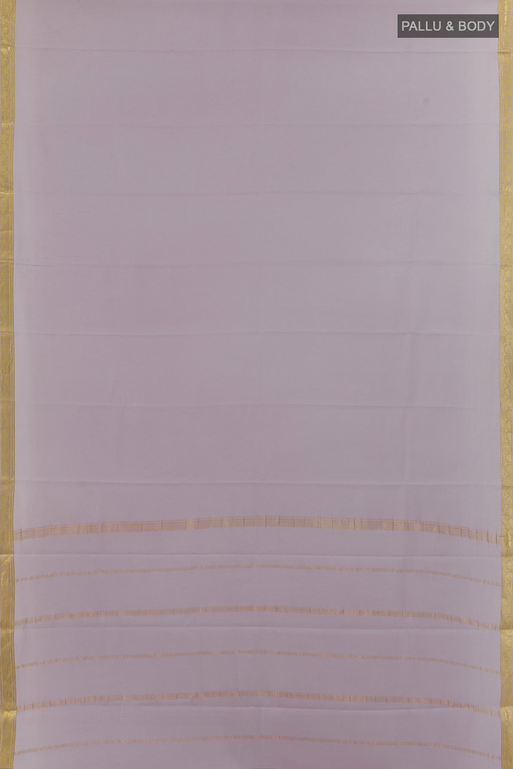 Flat view of Grey Mysore Crepe Saree with Plain Body and Zari Border. 