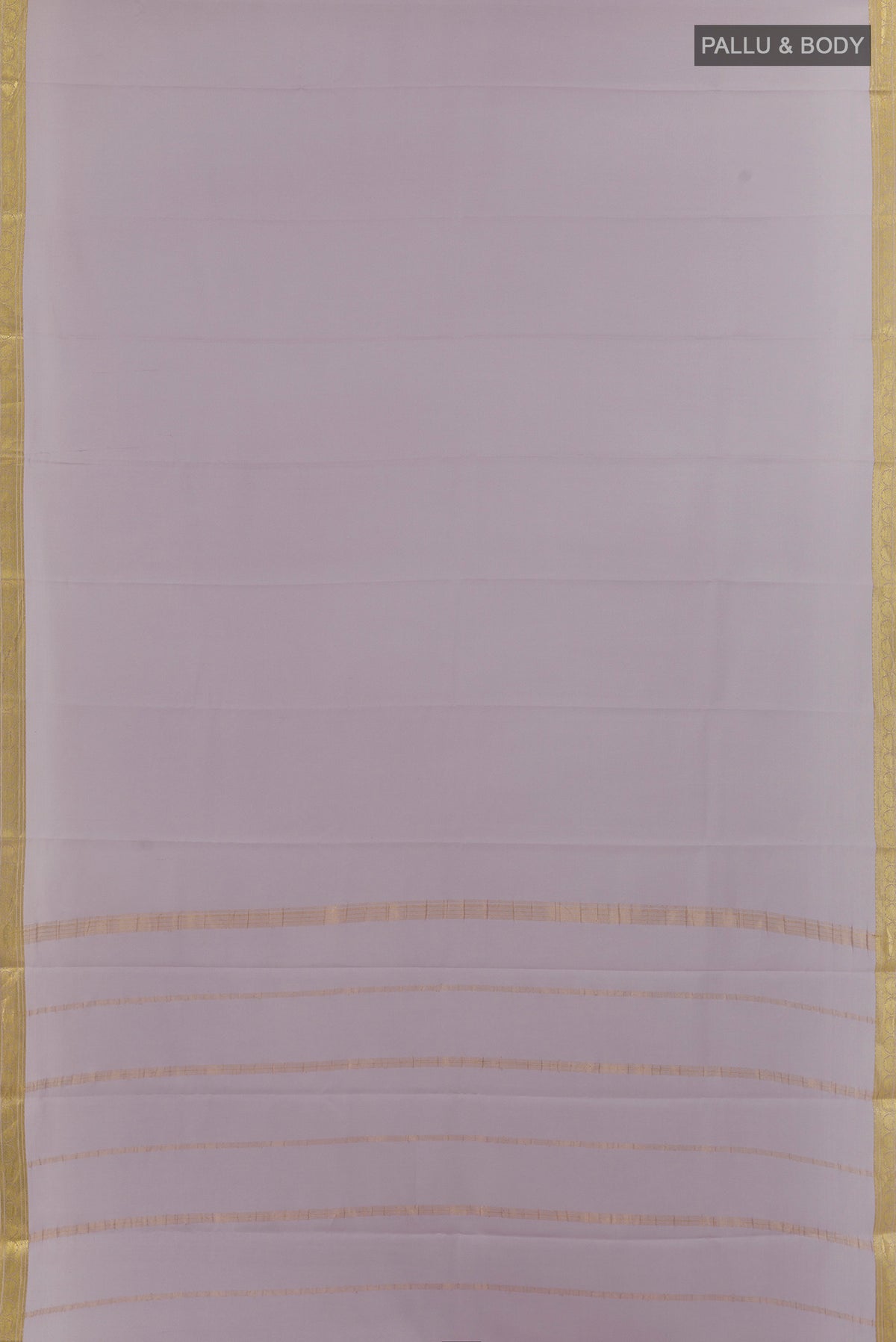 Flat view of Grey Mysore Crepe Saree with Plain Body and Zari Border. 