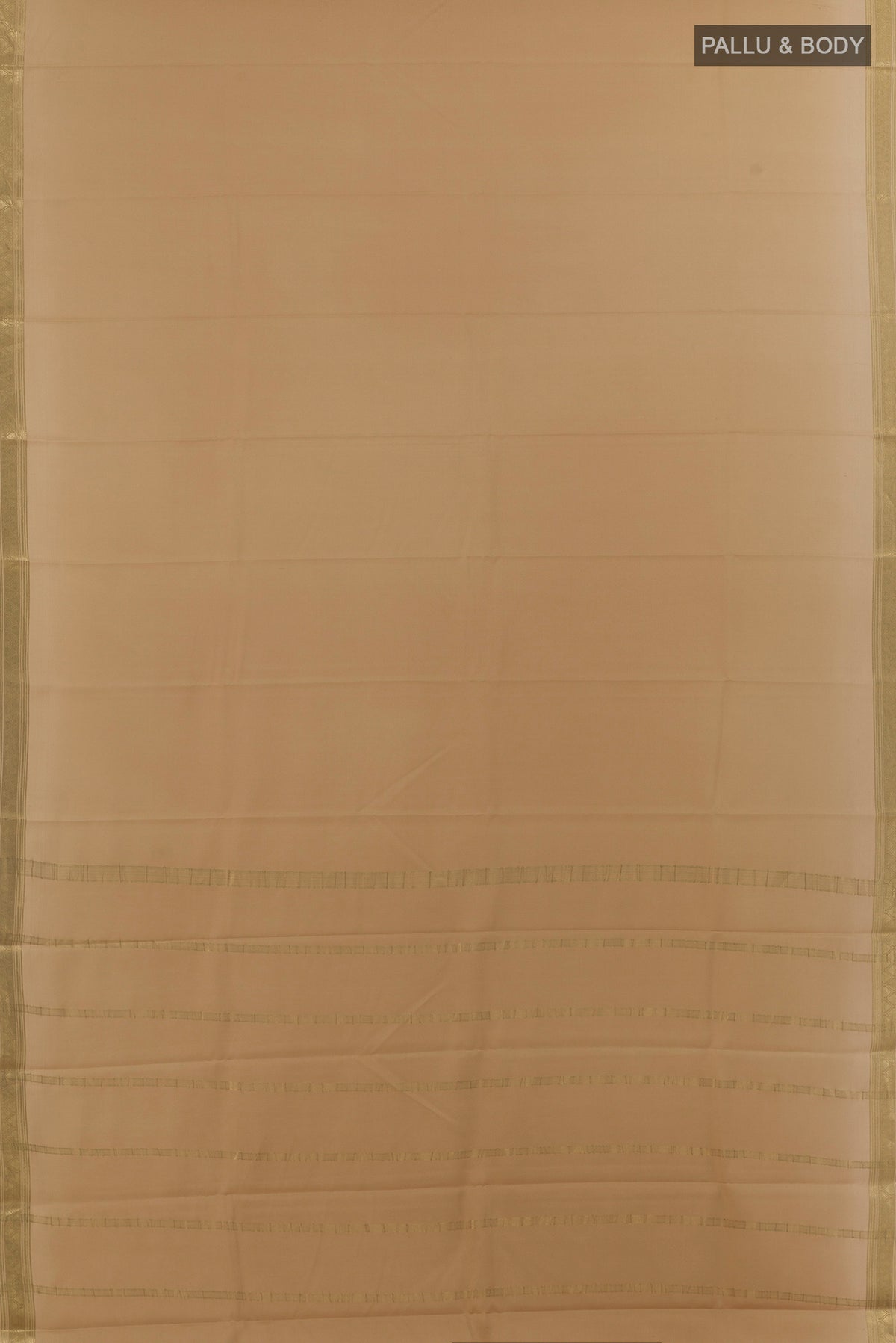 Flat view of Beige Mysore Crepe Saree with Plain Body and Zari Border. 