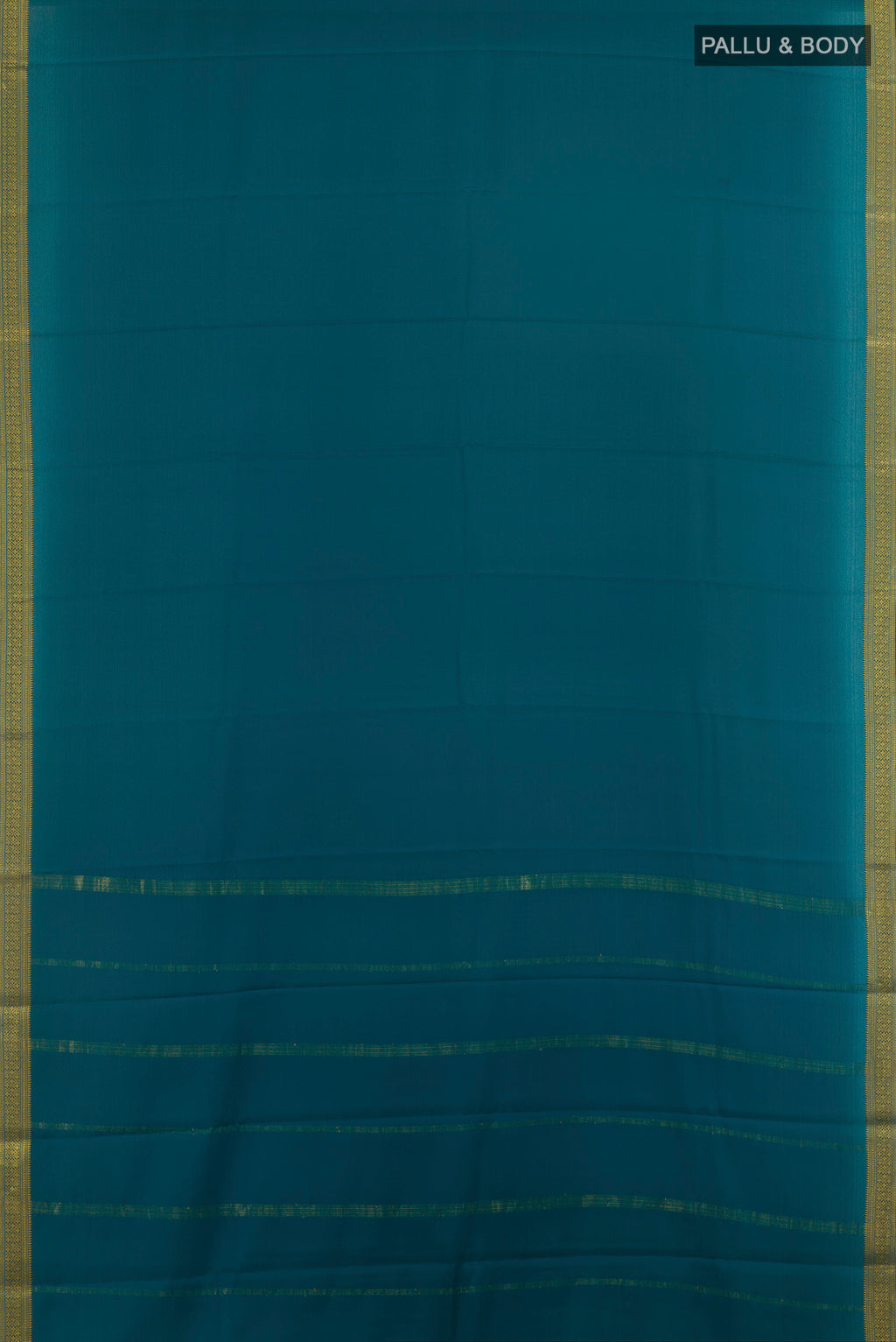 Flat view of Teal Mysore Crepe Saree with Plain Body and Zari Border. 