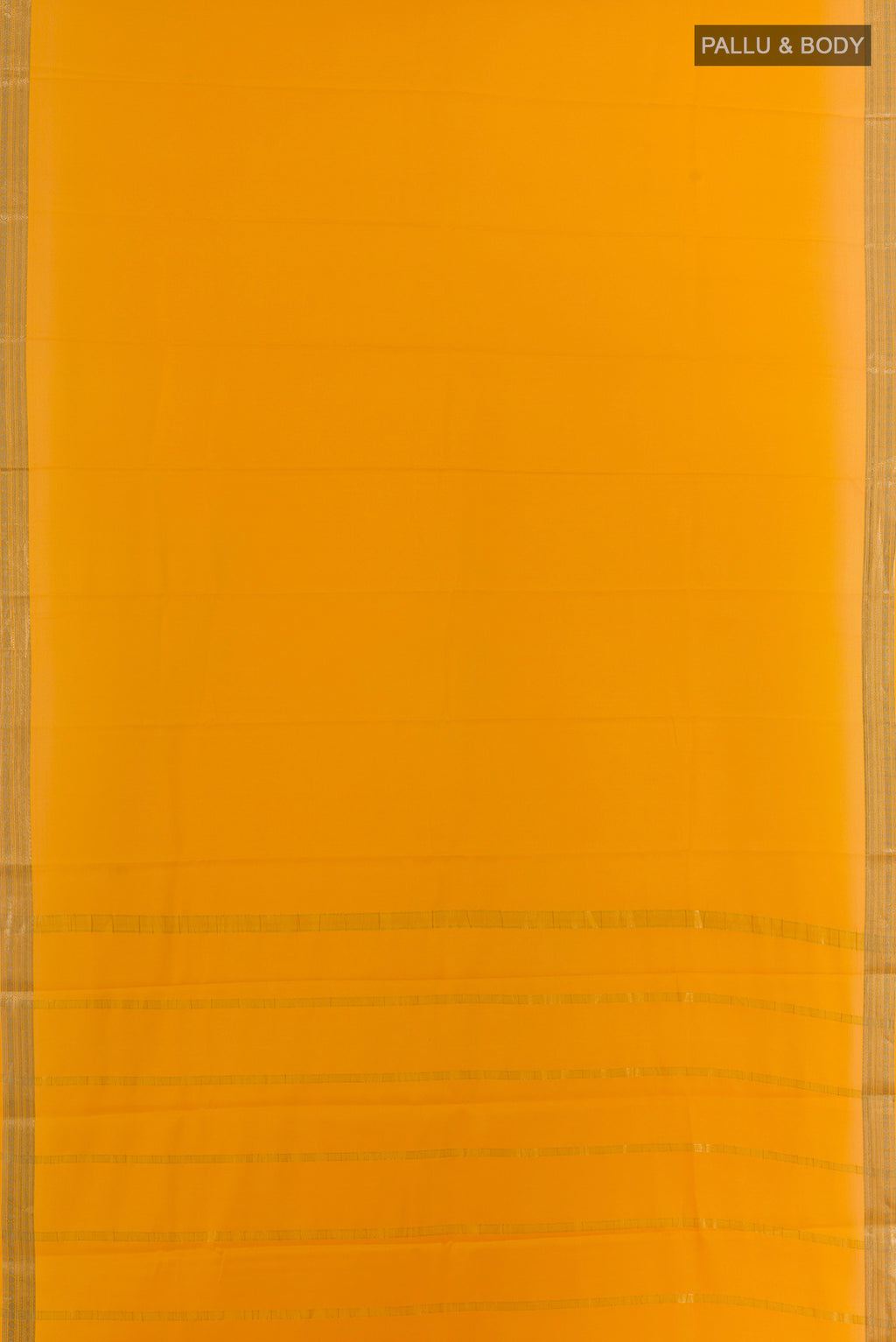 Flat view of Yellow Mysore Crepe Saree with Plain Body and Zari Border. 