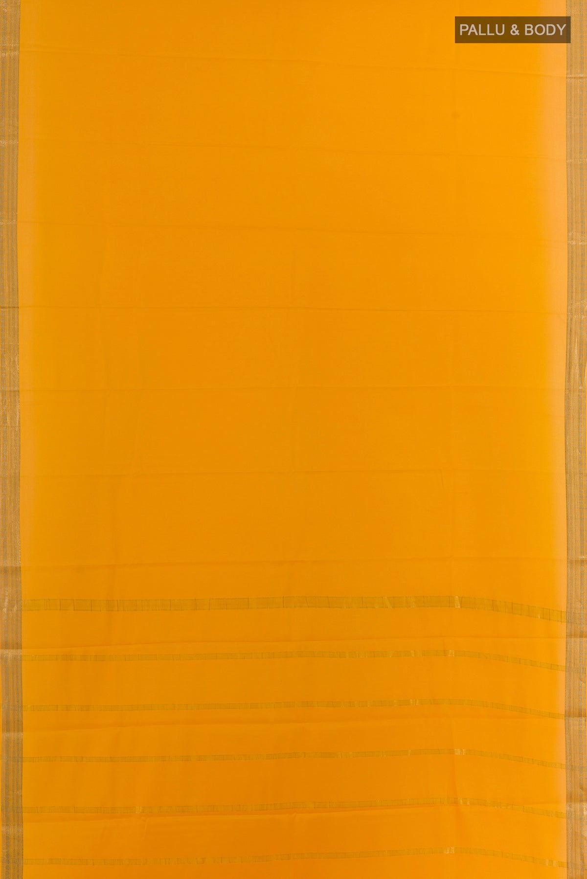 Flat view of Yellow Mysore Crepe Saree with Plain Body and Zari Border. 