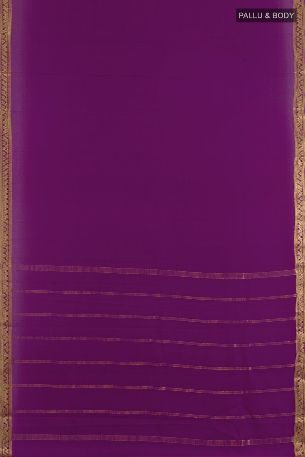 Flat view of Purple Mysore Crepe Saree with Plain Body and Zari Border. 