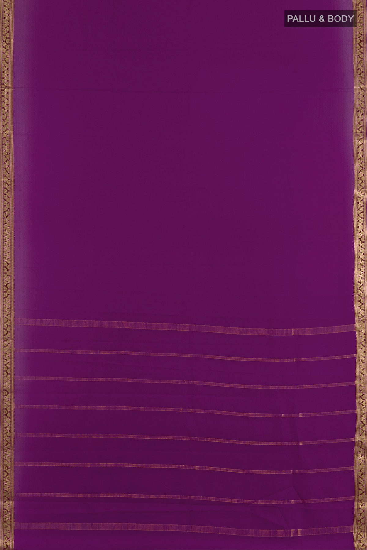 Flat view of Purple Mysore Crepe Saree with Plain Body and Zari Border. 