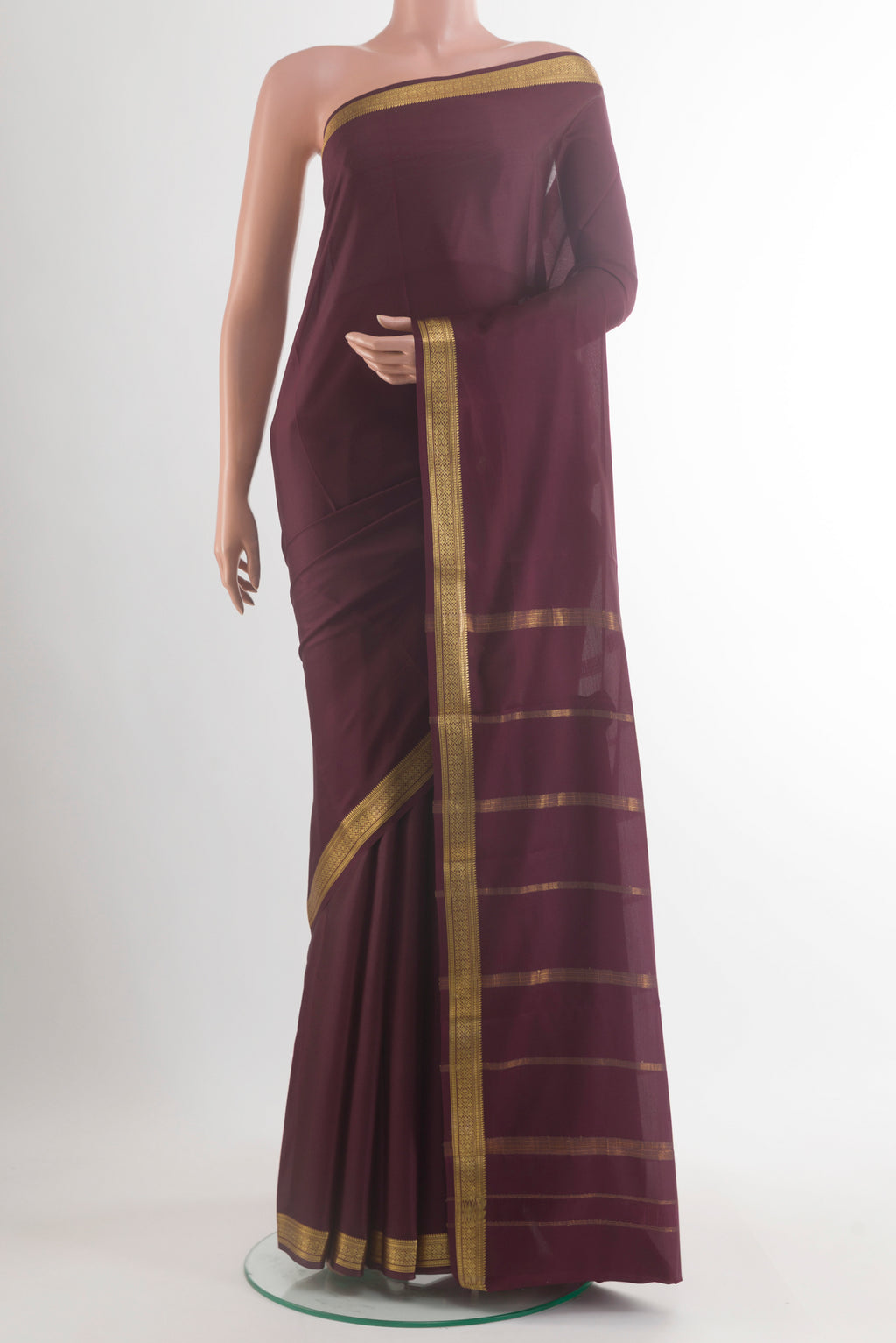 Pure Silk Coffee Brown Mysore Silk Saree with Plain Body and Zari Border.  displayed on a mannequin