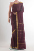 Pure Silk Coffee Brown Mysore Silk Saree with Plain Body and Zari Border.  displayed on a mannequin