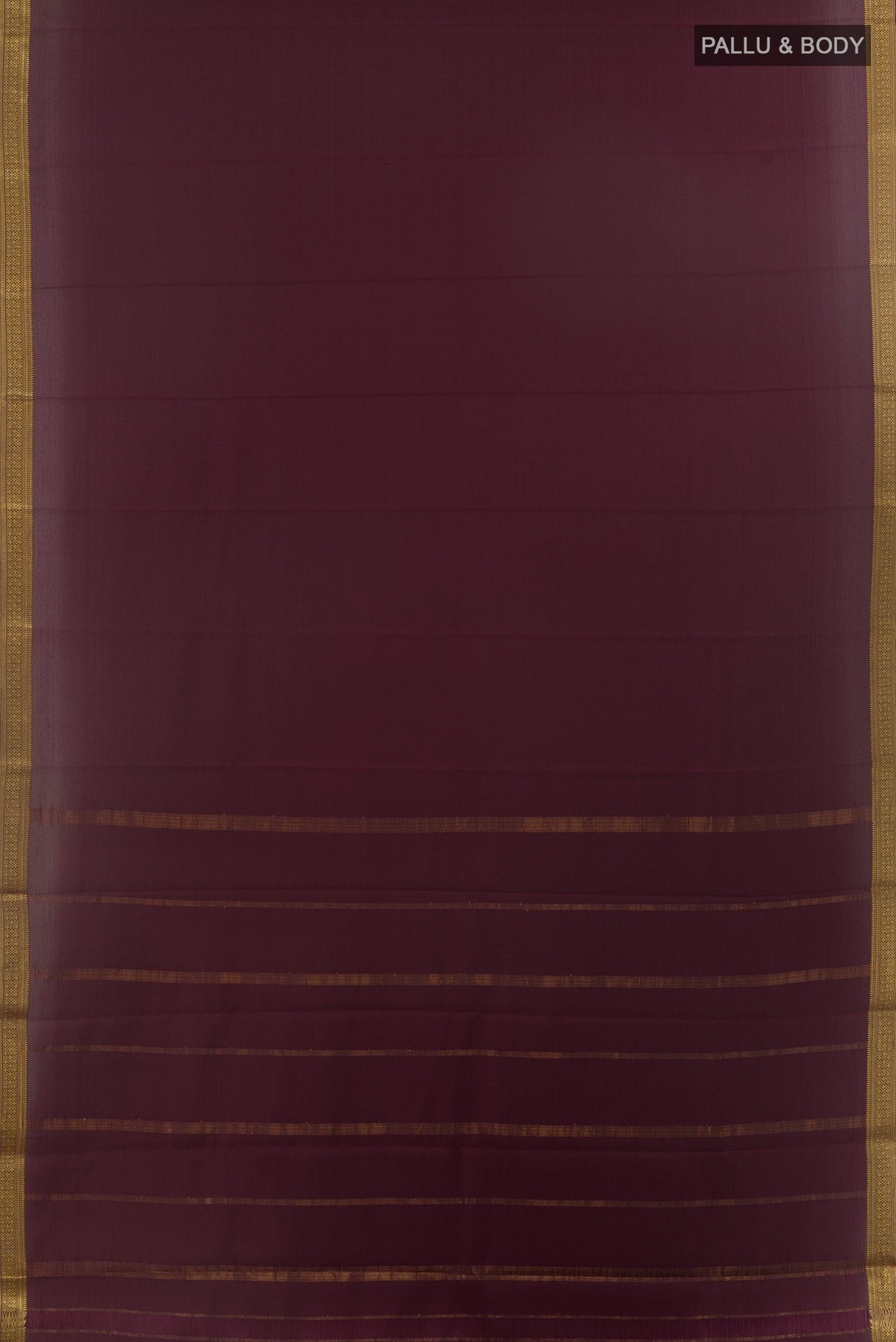 Flat view of Pure Silk Coffee Brown Mysore Silk Saree with Plain Body and Zari Border. 
