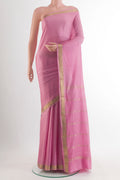 Pink Mysore Crepe Saree with Plain Body and Zari Border.  displayed on a mannequin