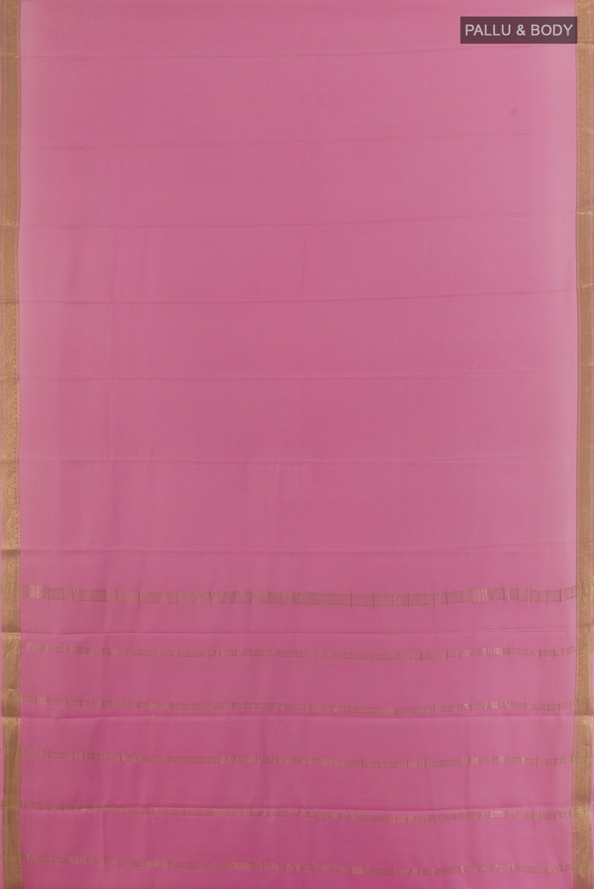 Flat view of Pink Mysore Crepe Saree with Plain Body and Zari Border. 