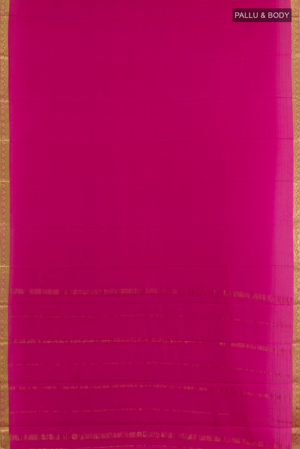 Flat view of Pink Mysore Crepe Saree with Plain Body and Zari Border. 