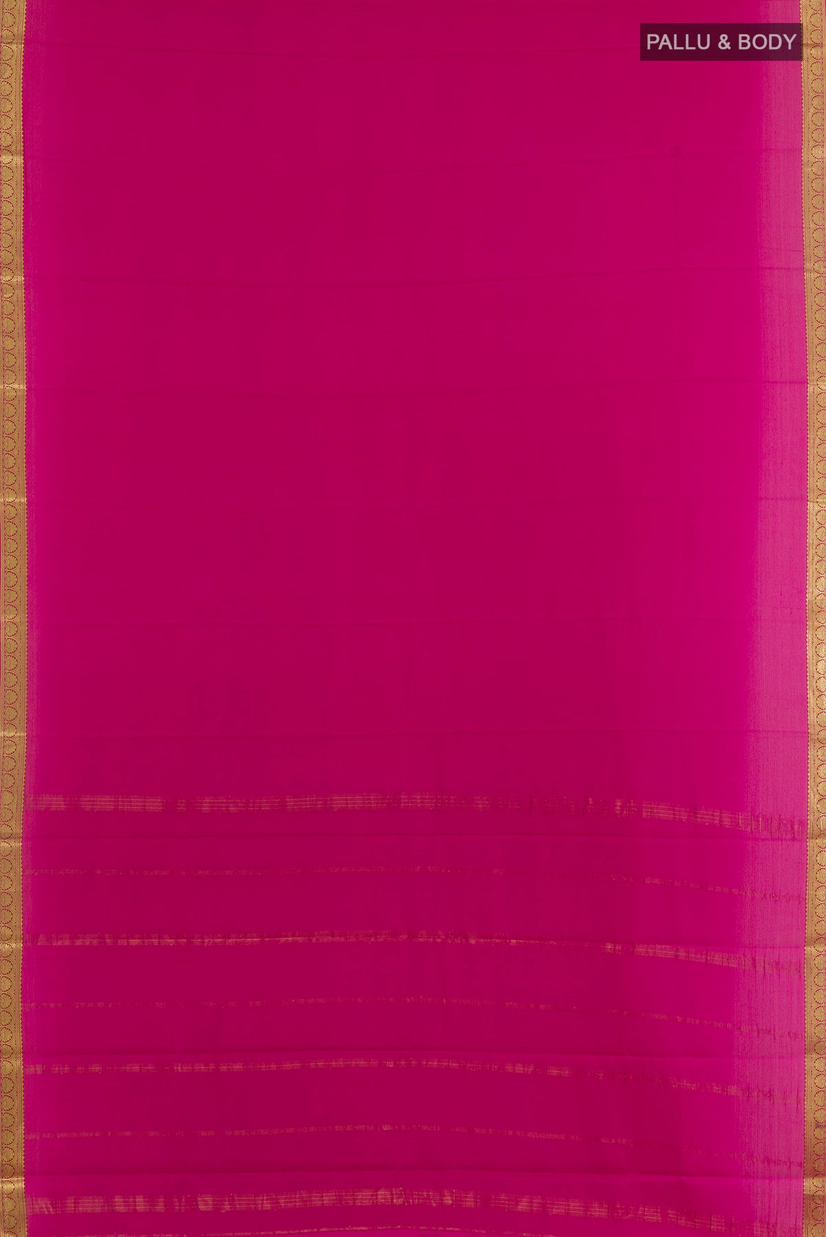 Flat view of Pink Mysore Crepe Saree with Plain Body and Zari Border. 