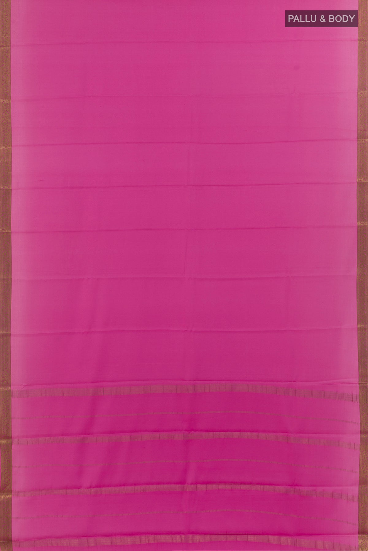 Flat view of Pink Mysore Crepe Saree with Plain Body and Zari Border. 