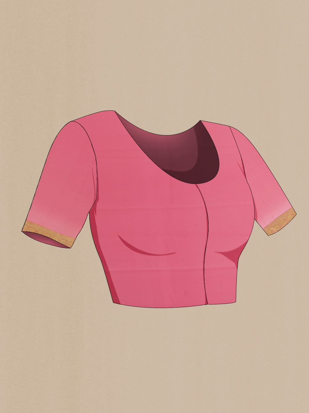 Close up image of the blouse of Peach Mysore Crepe Saree with Plain Body and Zari Border. 
