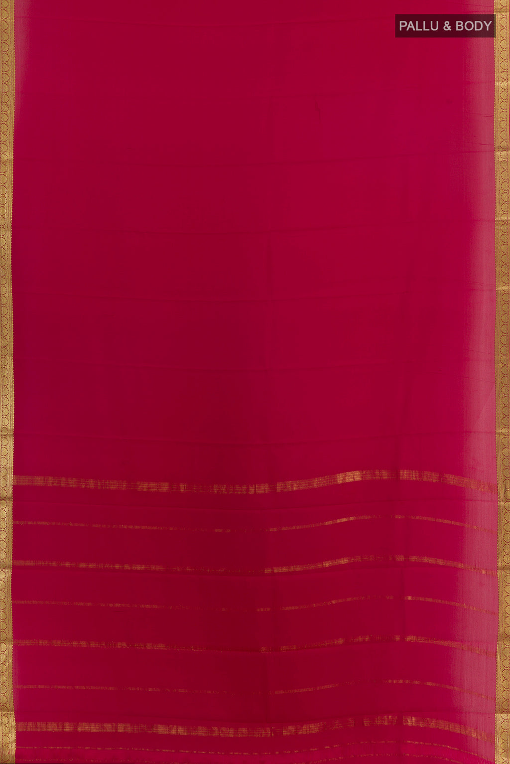 Flat view of Red Mysore Crepe Saree with Plain Body and Zari Border. 