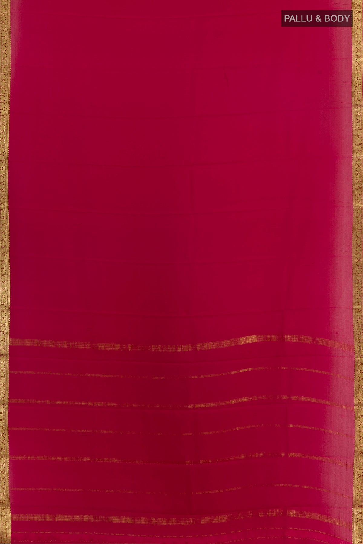 Flat view of Red Mysore Crepe Saree with Plain Body and Zari Border. 