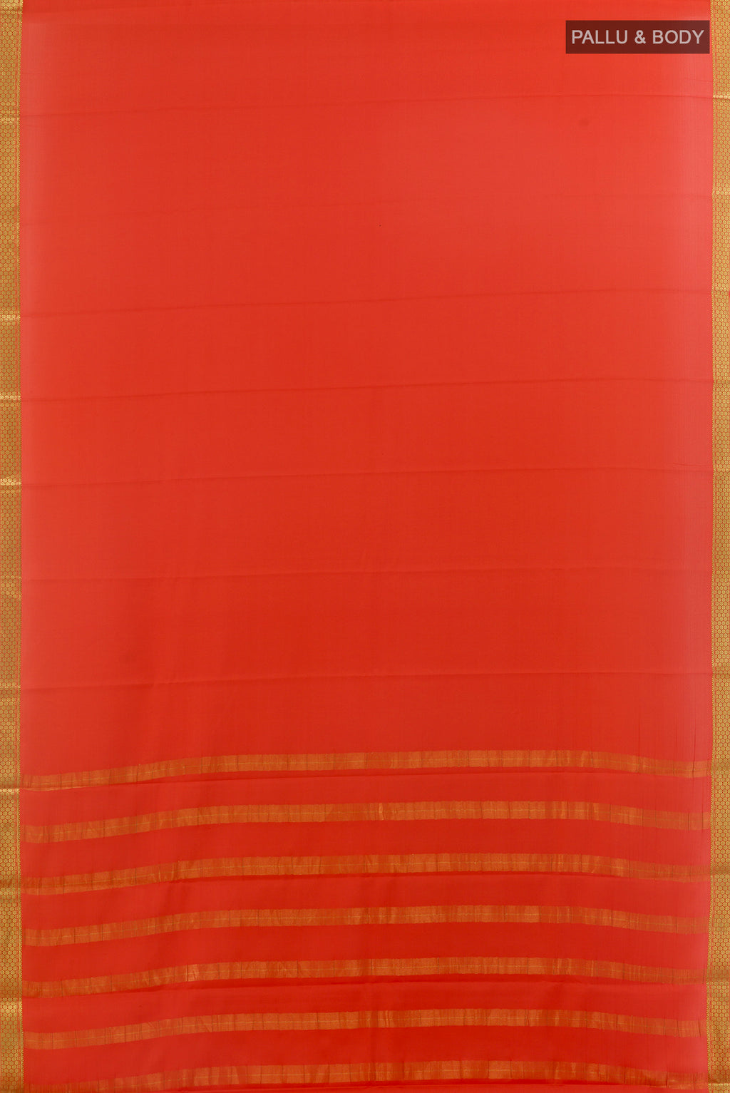 Flat view of Orange Mysore Crepe Saree with Plain Body and Zari Border. 