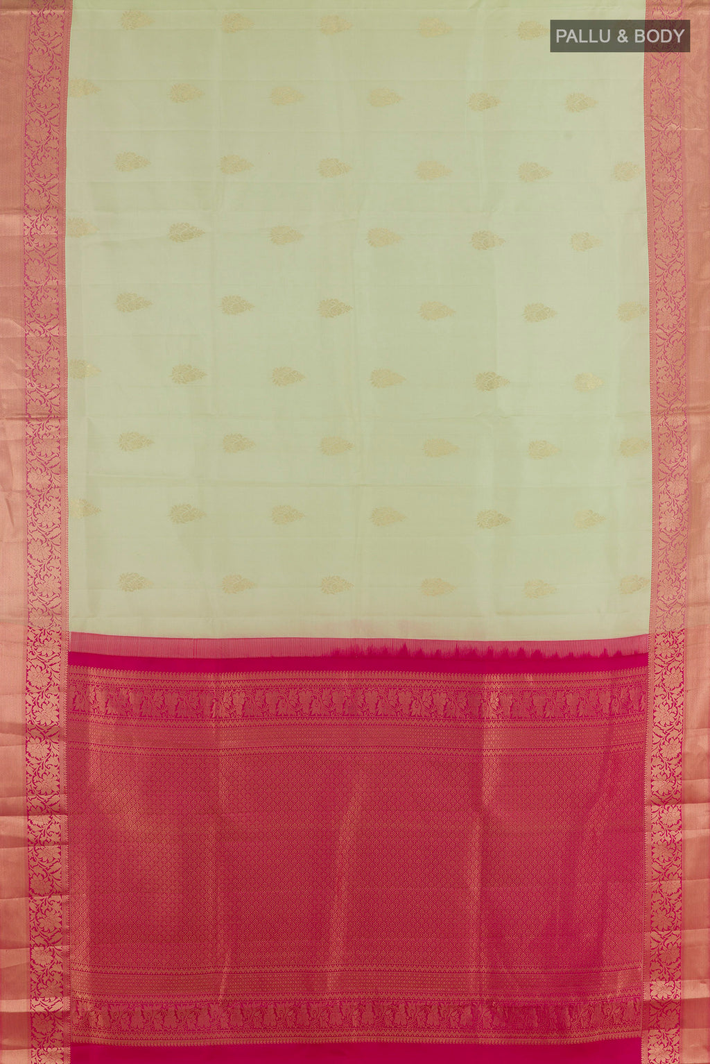 Flat view of Pure Silk Cream Soft Saree with Zari Butta on the body and Zari Border. 