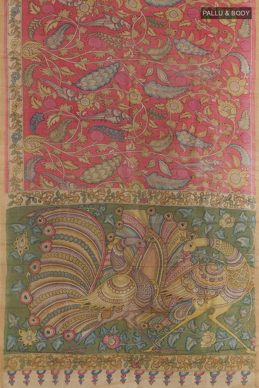 Flat view of Peach Tussar Saree with kalamkari Print on the body and Zari Border. 