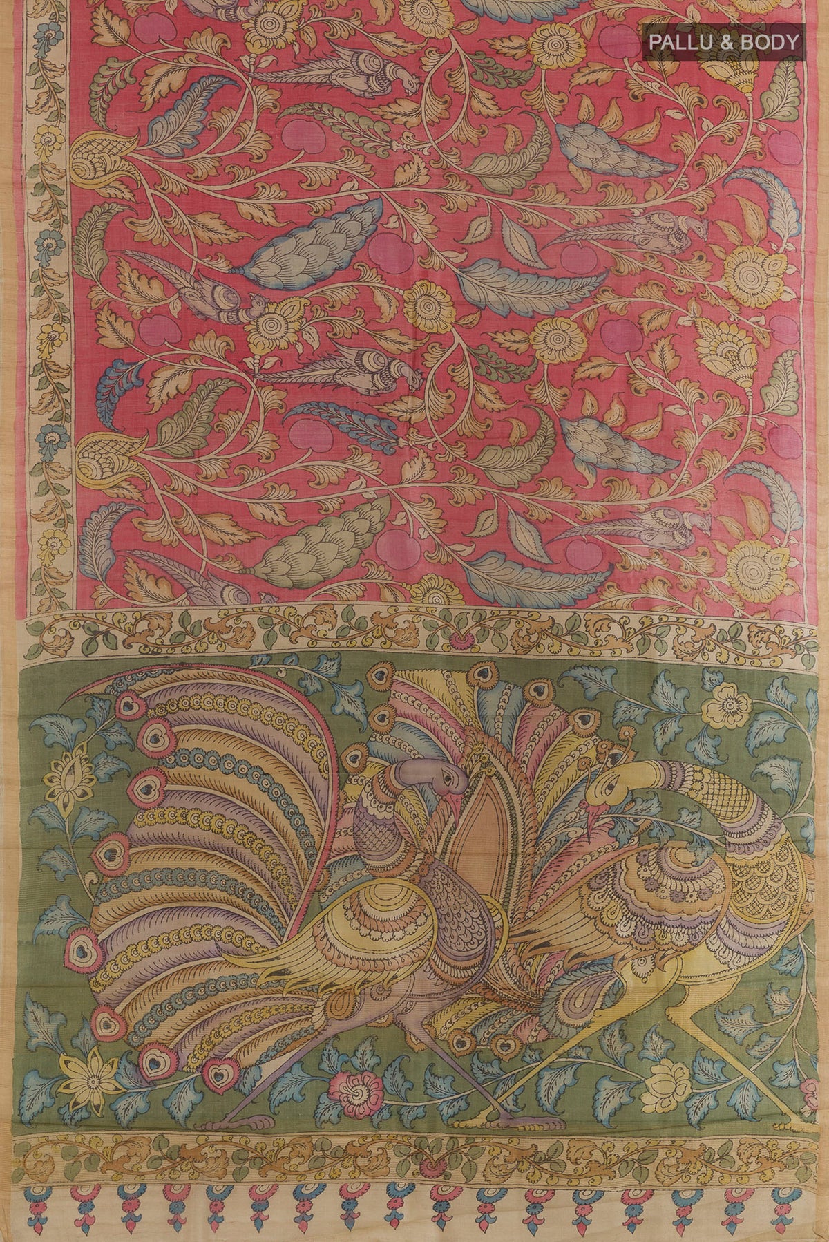 Flat view of Peach Tussar Saree with kalamkari Print on the body and Zari Border. 