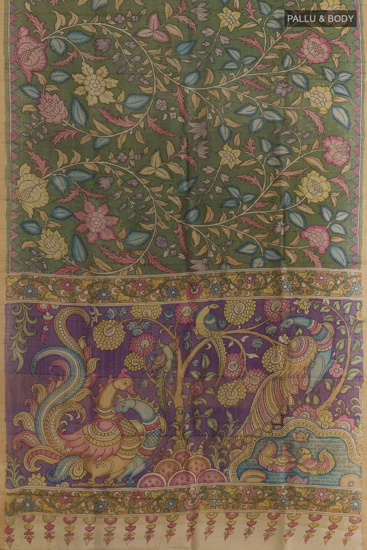 Flat view of Green Tussar Saree with kalamkari Print on the body and Zari Border. 