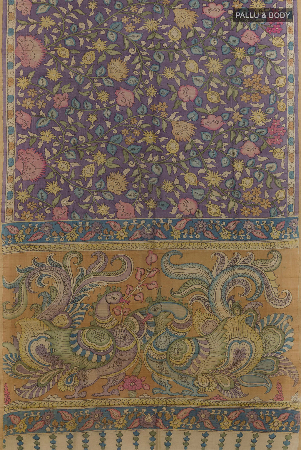 Flat view of Lavender Tussar Saree with Printed design on the body and Zari Border. 