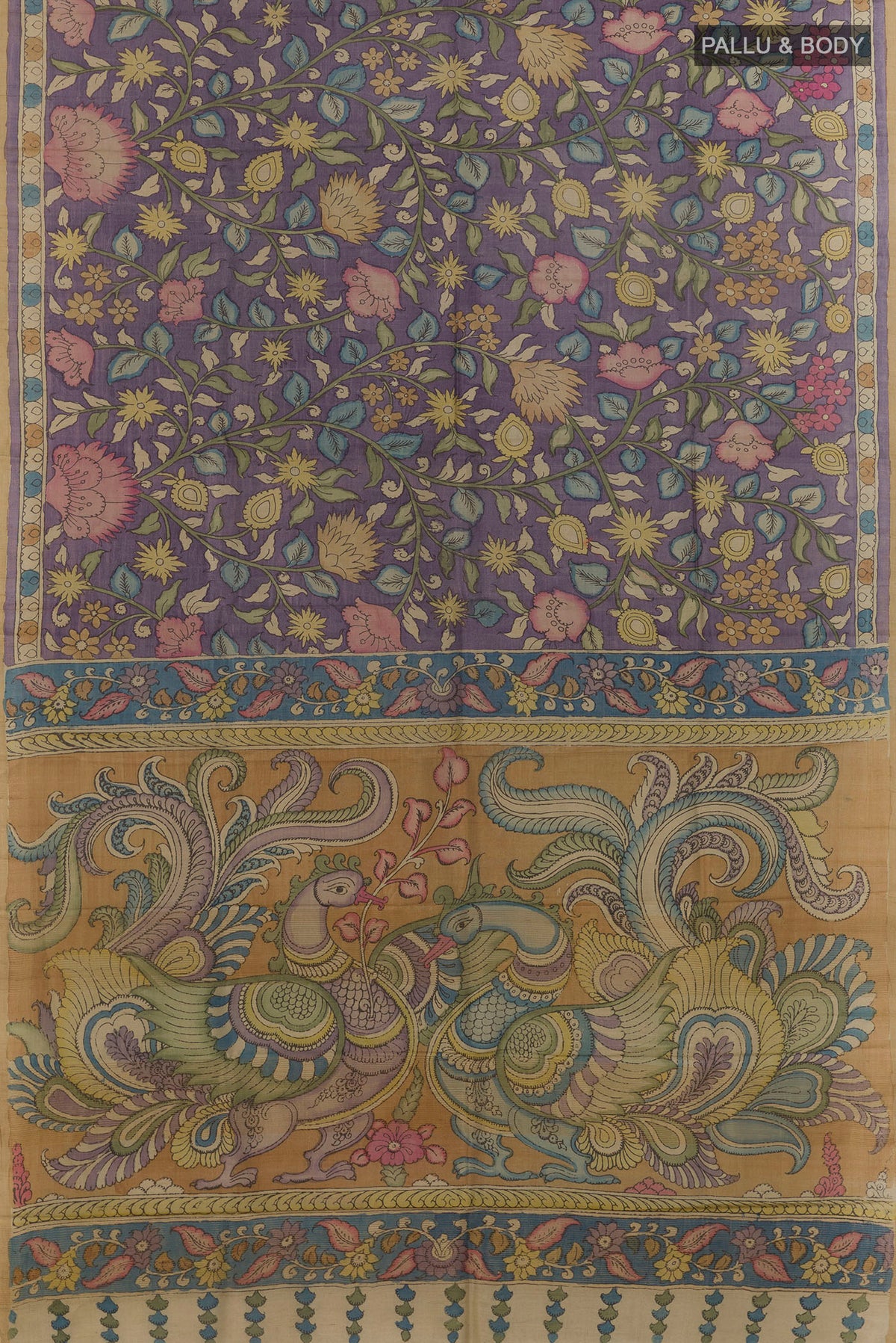Flat view of Lavender Tussar Saree with Printed design on the body and Zari Border. 