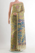 Yellow Tussar Saree with kalamkari Print on the body and Zari Border.  displayed on a mannequin