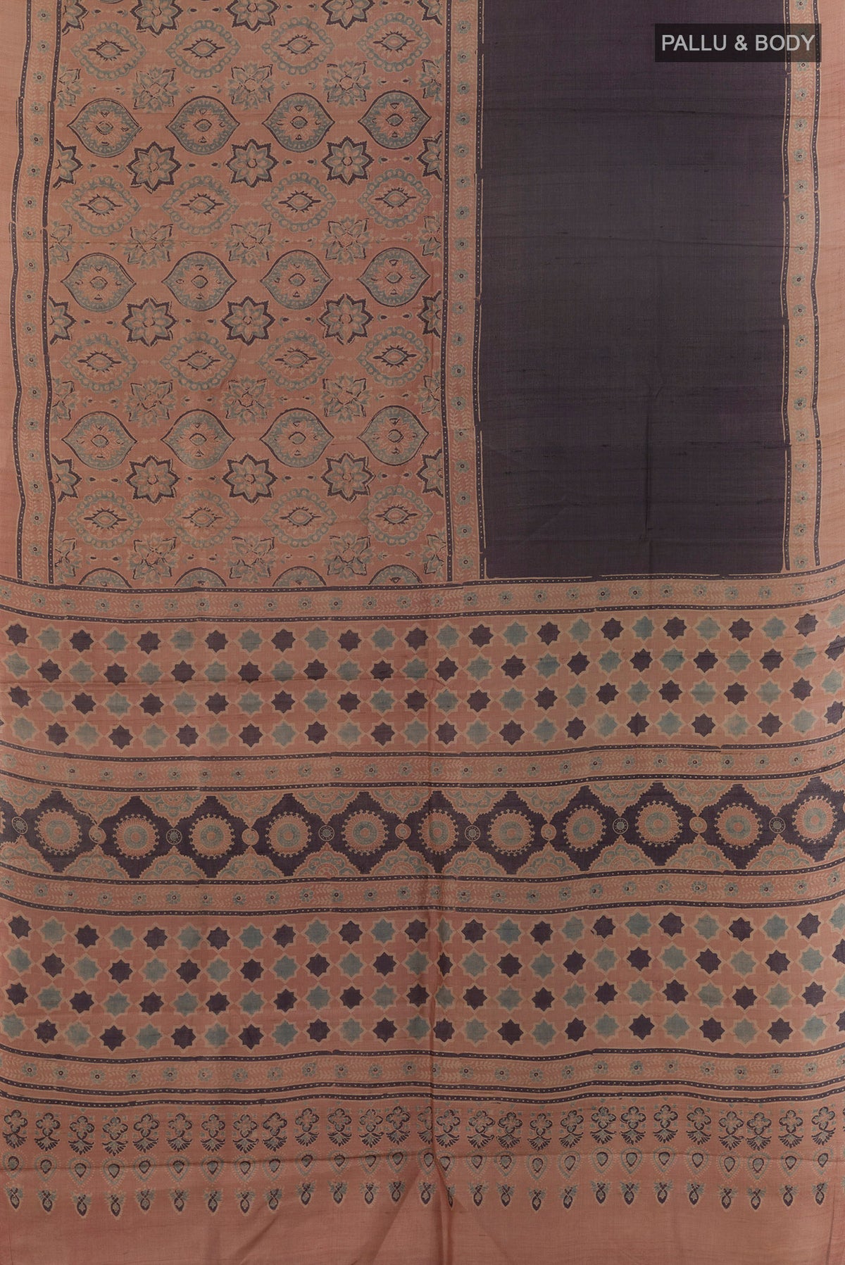 Flat view of Multi Color Tussar Saree with Half And Half on the body and Printed Border. 