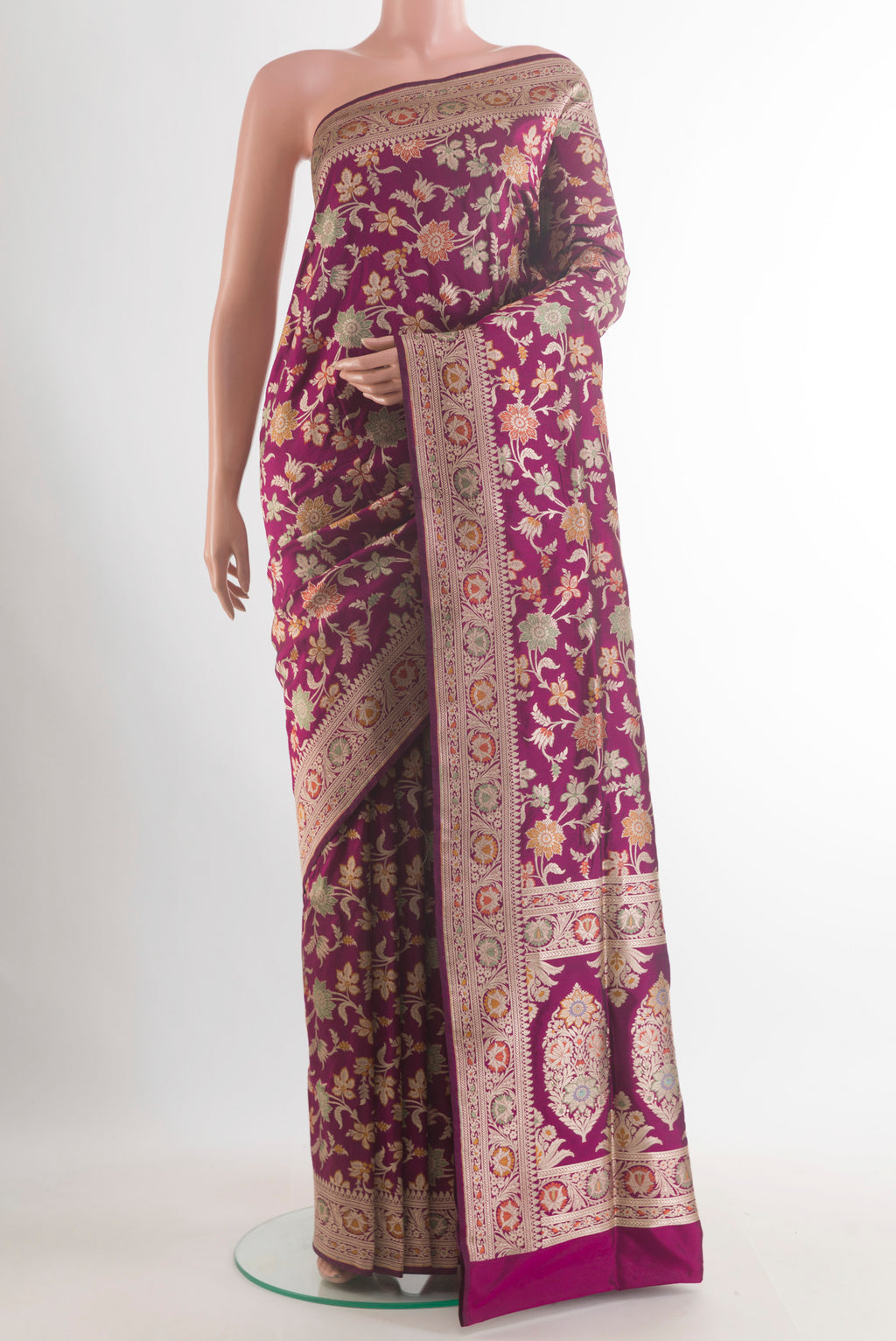 Pure Silk Purple Banarasi Saree with Zari Brocade on the body and Zari Border.  displayed on a mannequin
