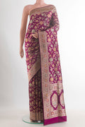 Pure Silk Purple Banarasi Saree with Zari Brocade on the body and Zari Border.  displayed on a mannequin