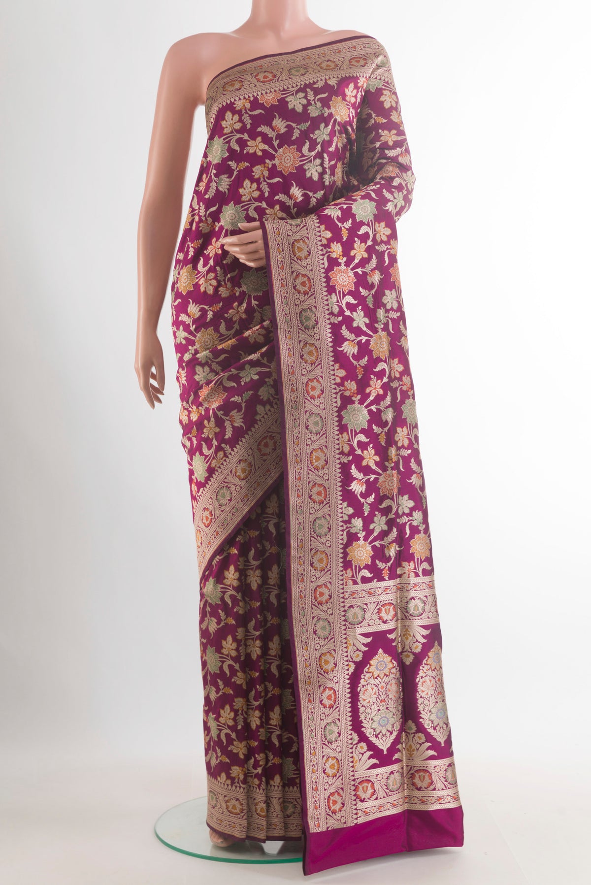 Pure Silk Purple Banarasi Saree with Zari Brocade on the body and Zari Border.  displayed on a mannequin