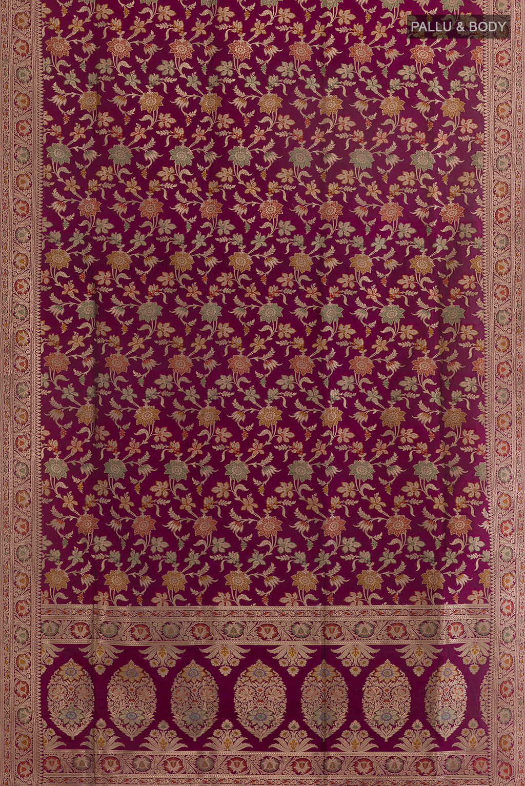 Flat view of Pure Silk Purple Banarasi Saree with Zari Brocade on the body and Zari Border. 