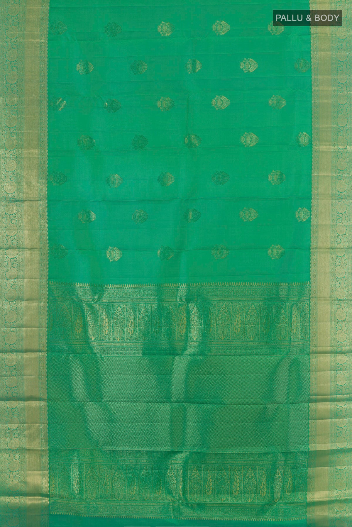 Flat view of Pure Silk Green Kanjivaram Saree with Zari Butta on the body and Zari Border. 
