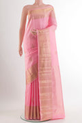 Pure Silk Pink Kanjivaram Saree with Zari Butta on the body and Zari Border.  displayed on a mannequin