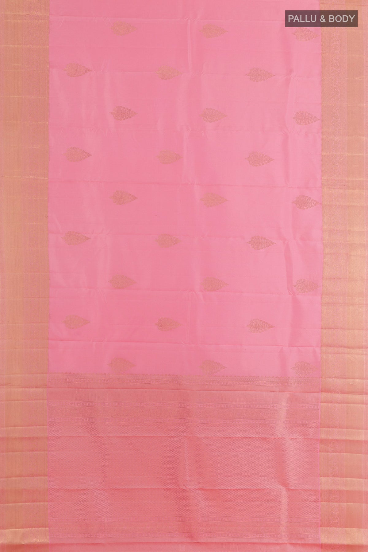 Flat view of Pure Silk Pink Kanjivaram Saree with Zari Butta on the body and Zari Border. 