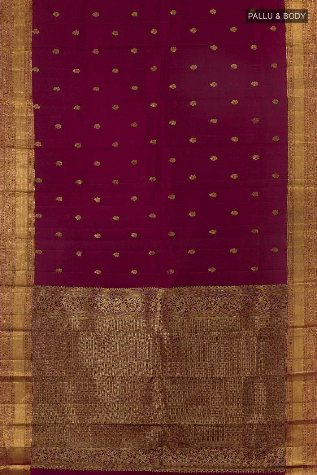 Flat view of Pure Silk Maroon Kanjivaram Saree with Zari Butta on the body and Zari Border. 