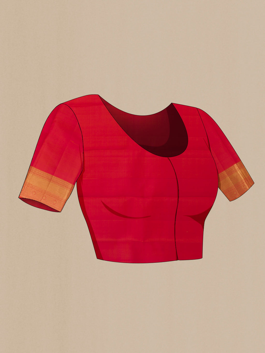 Close up image of the blouse of Pure Silk Red Kanjivaram Saree with Zari Butta on the body and Zari Border. 