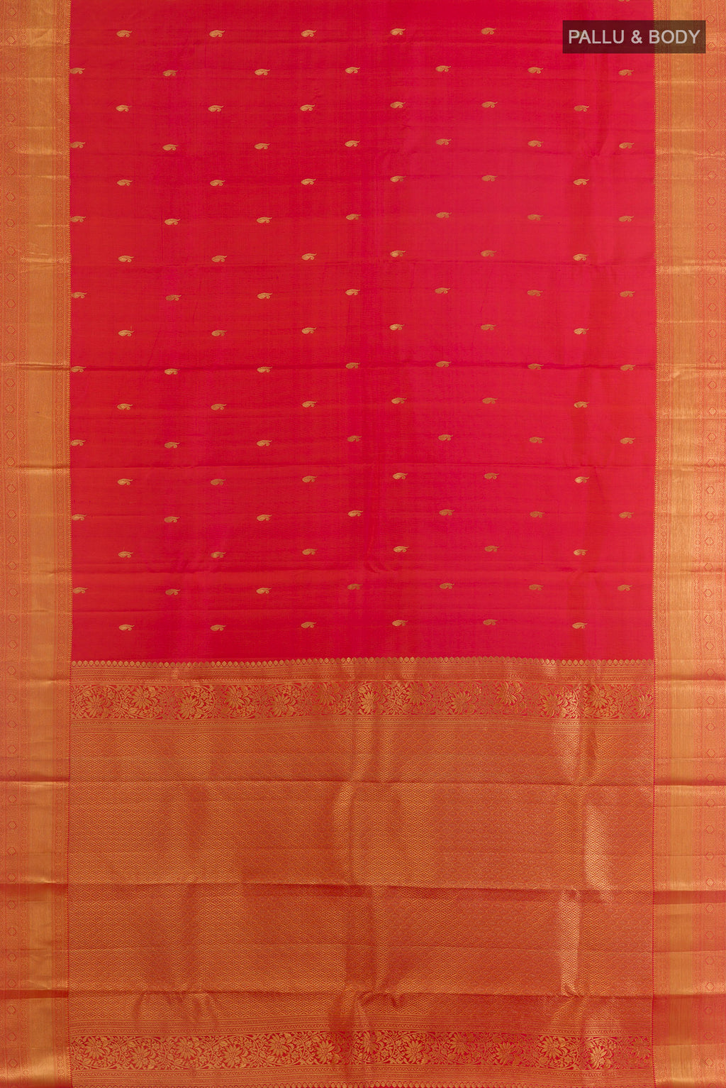Flat view of Pure Silk Red Kanjivaram Saree with Zari Butta on the body and Zari Border. 