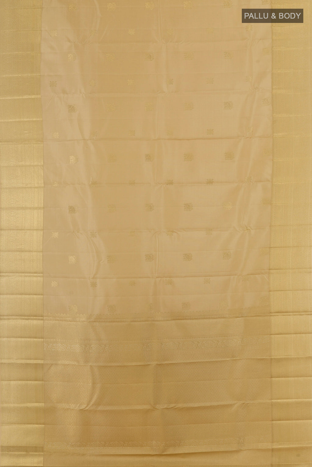 Flat view of Pure Silk Beige Kanjivaram Saree with Zari Butta on the body and Zari Border. 
