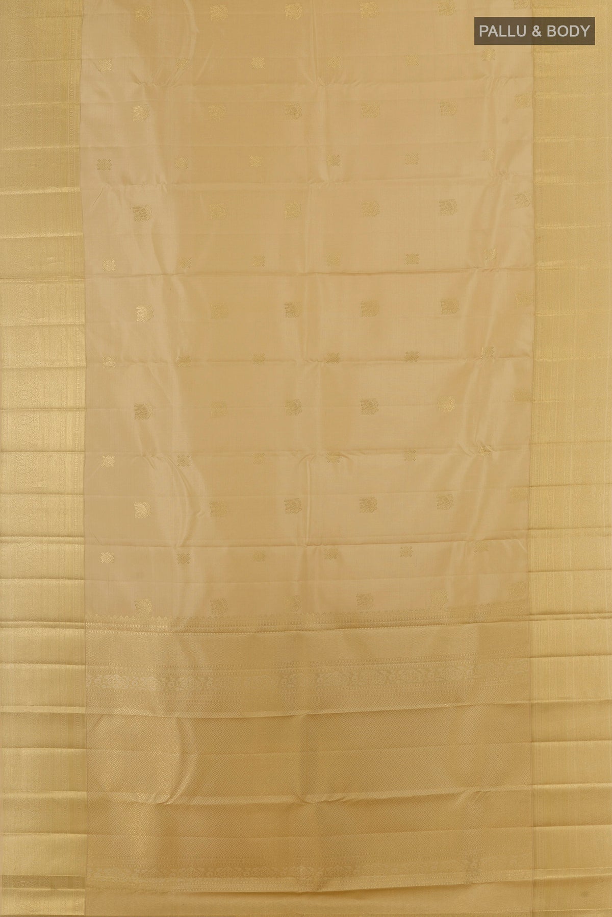 Flat view of Pure Silk Beige Kanjivaram Saree with Zari Butta on the body and Zari Border. 